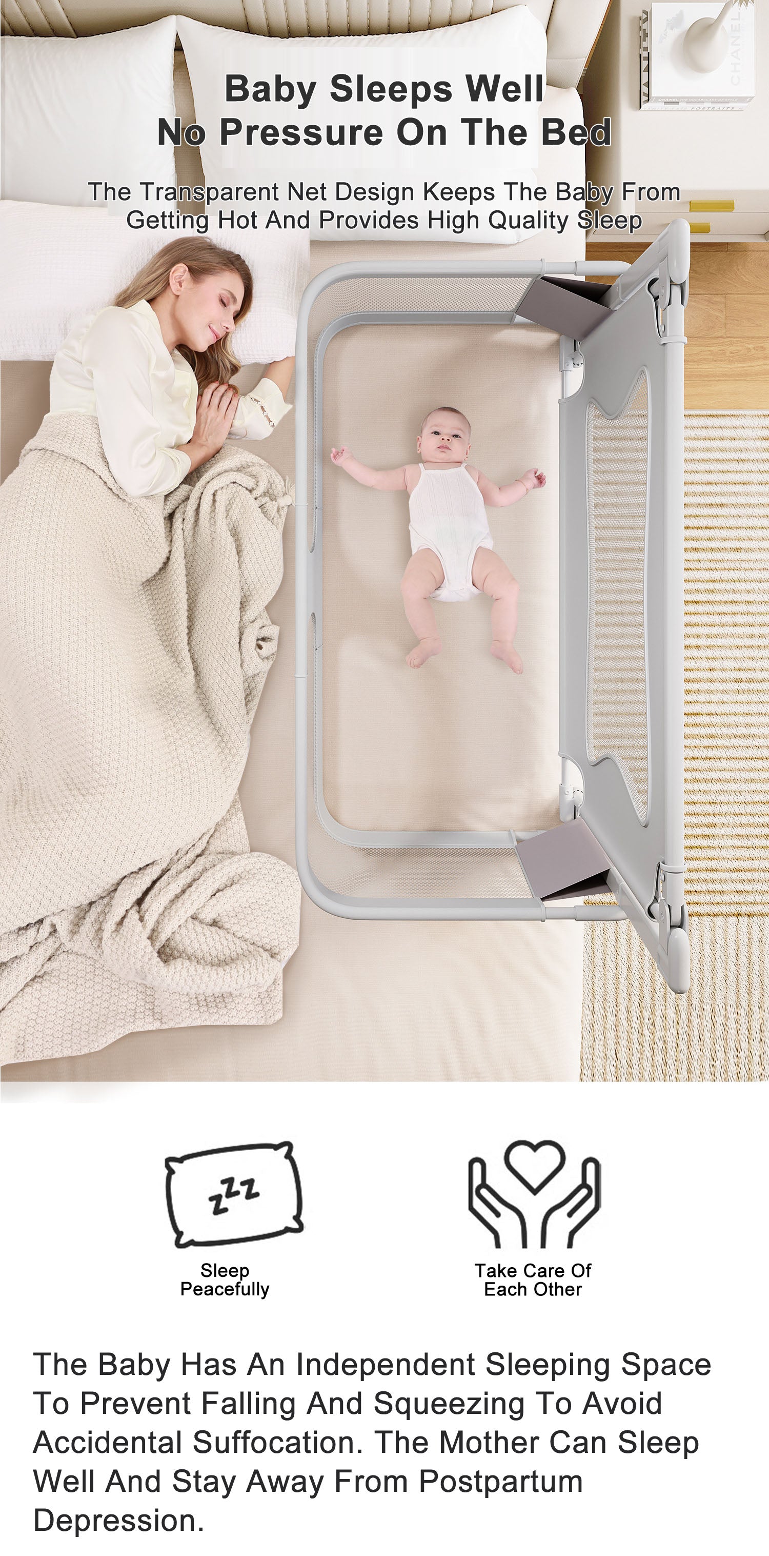 Baby Bed Bedside Bassinet Crib Sleeper 3 in 1 Folding Portable Breathable Safe