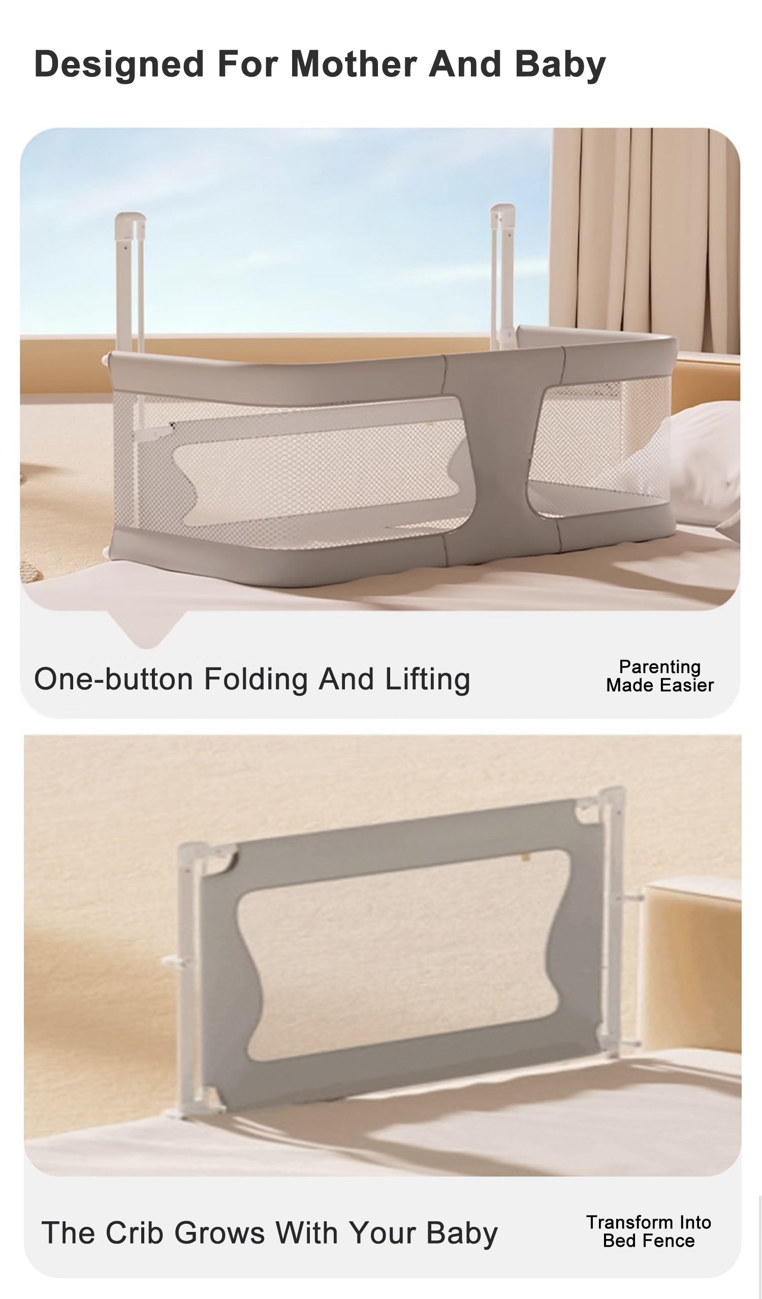 Baby Bed Bedside Bassinet Crib Sleeper 3 in 1 Folding Portable Breathable Safe