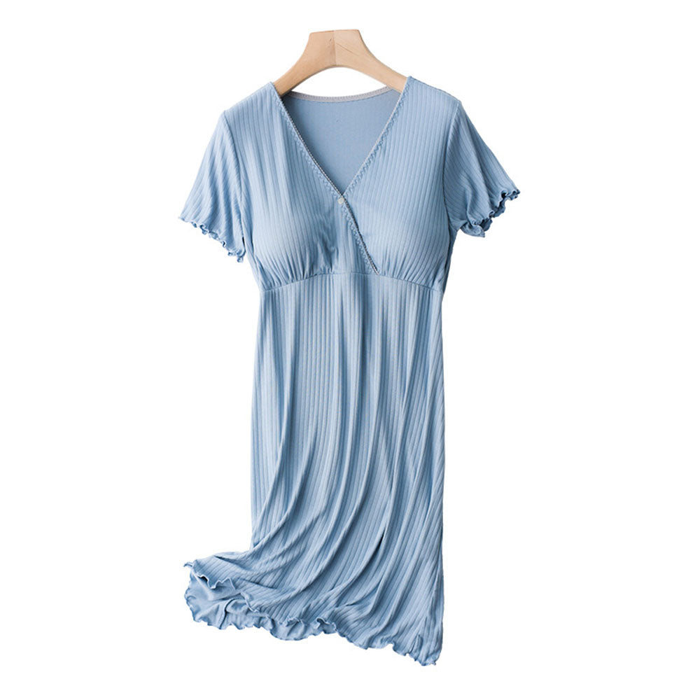 Stretchable Button-Front Nightdress Front Opening Design Button-Down Access