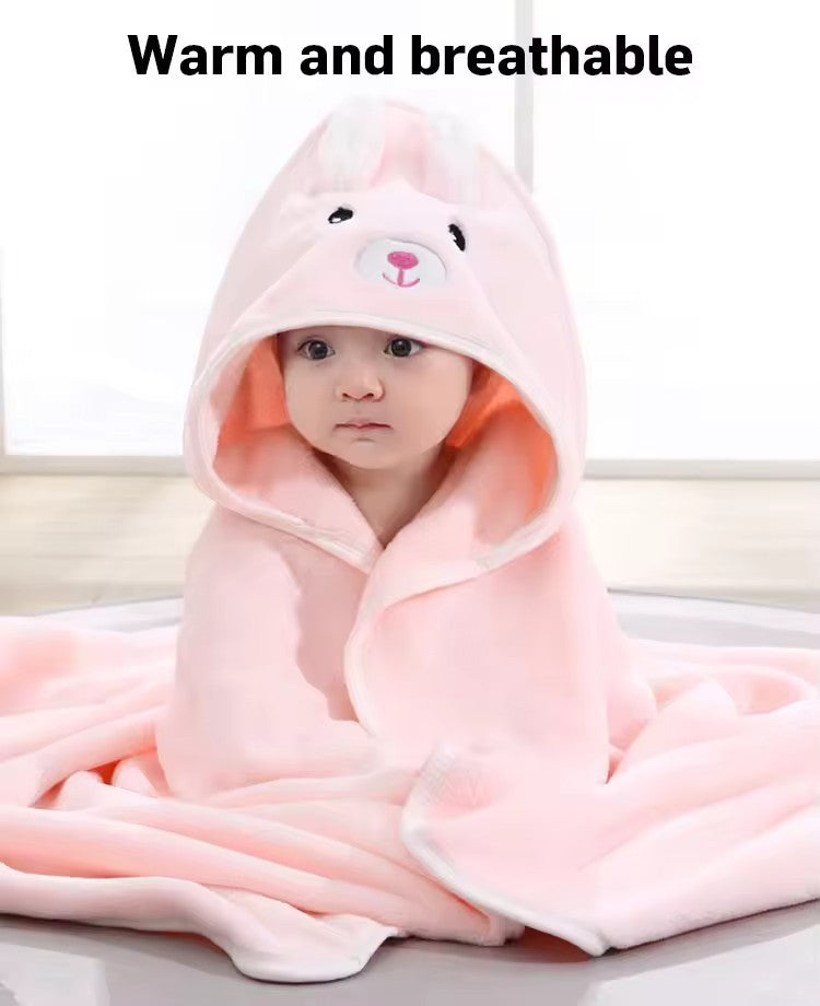 Baby newborn swaddle wrap cute cartoon blanket hooded bath towel Coral fleece