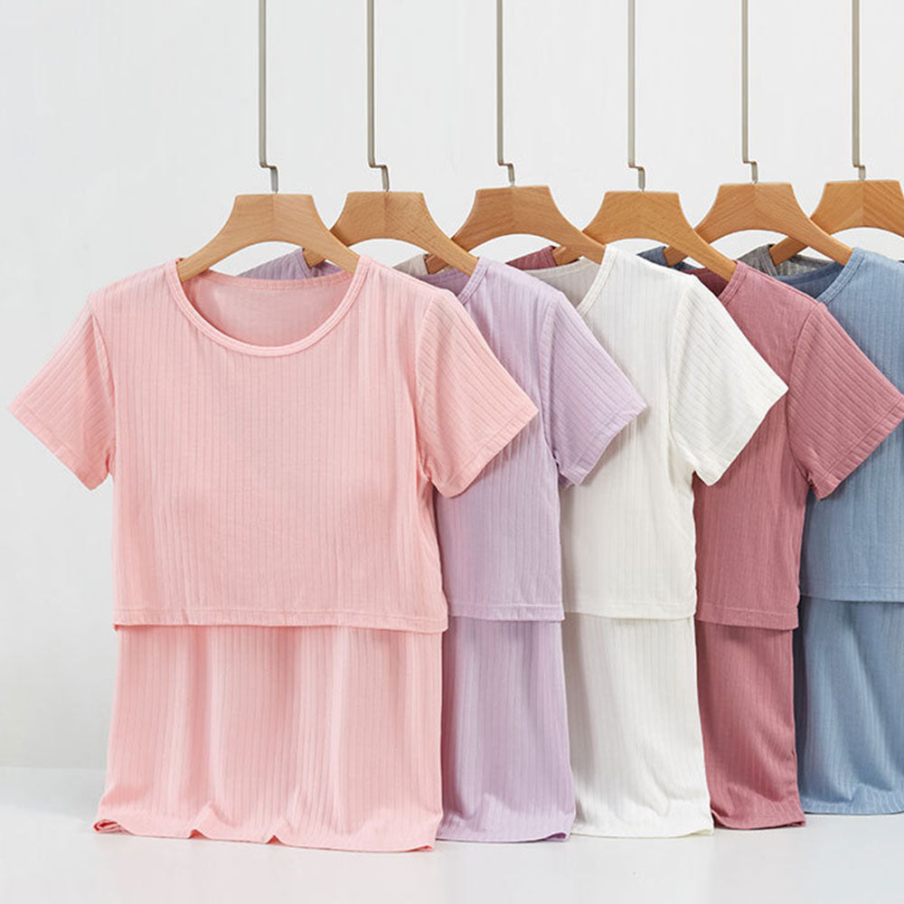 Short Sleeve Nursing Pajama Set: Button Down Sleepwear Bump